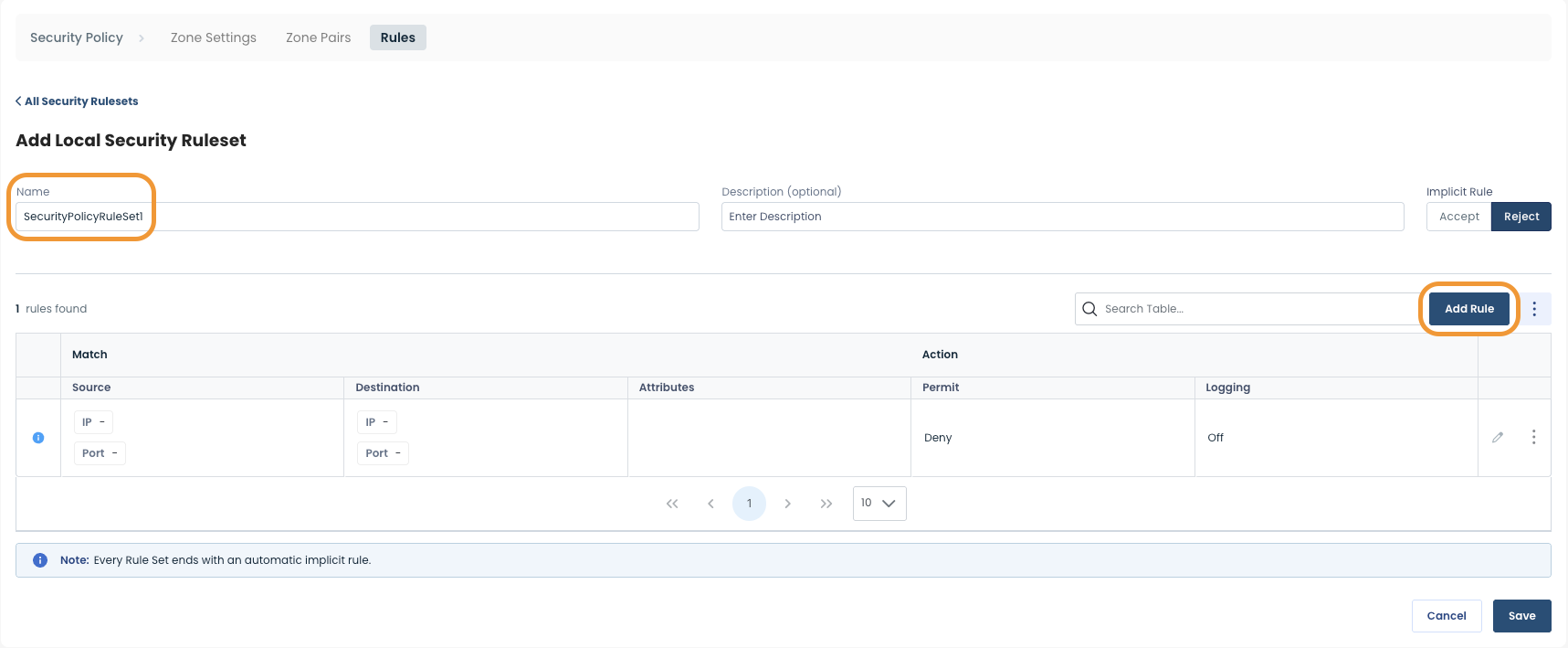 Interface for adding a local security ruleset with options for name and action.